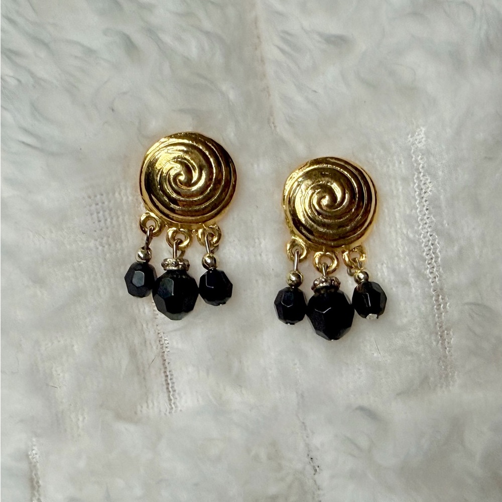 Vintage Gold Swirl Drop Earrings Black Bead Statement 90s Retro